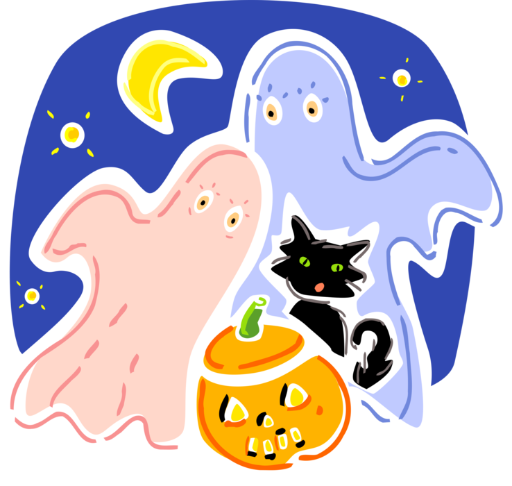 Vector Illustration of Ghost Phantom, Apparition, Spirit, Spooks, Halloween Black Cat, and Jack-o'-lantern Carved Pumpkin