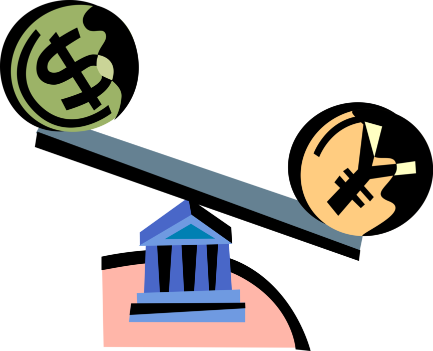 Vector Illustration of Financial Bank Institution Fulcrum with Balance Lever Cash Money Dollars and Japanese Yen Currency