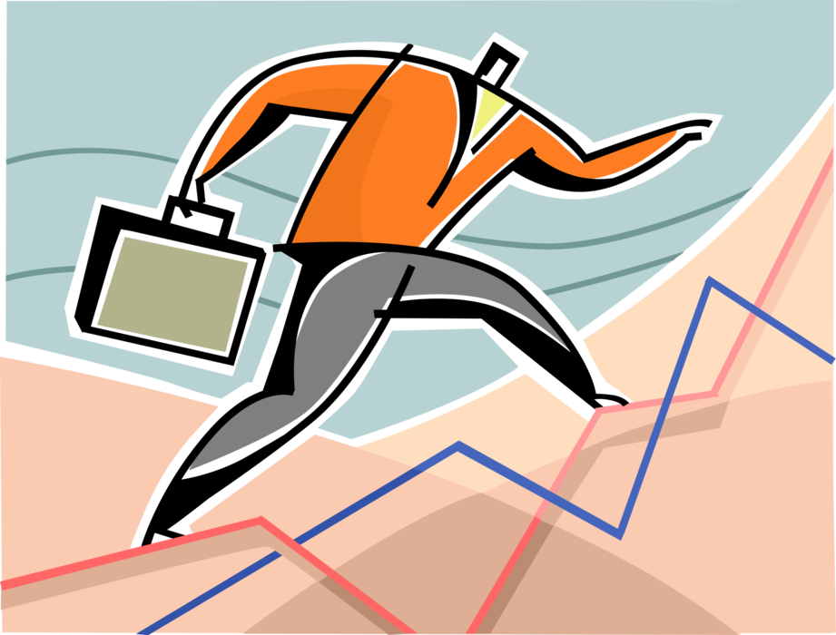 Vector Illustration of Determined Businessman Leads Corporate Financial Earnings to New Levels of Growth and Success