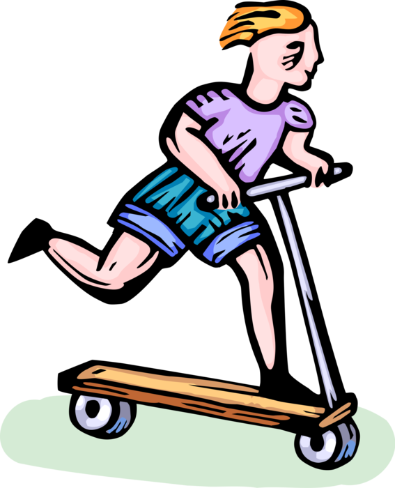 Vector Illustration of Young Boy Rides Foot-Powered Scooter Toy