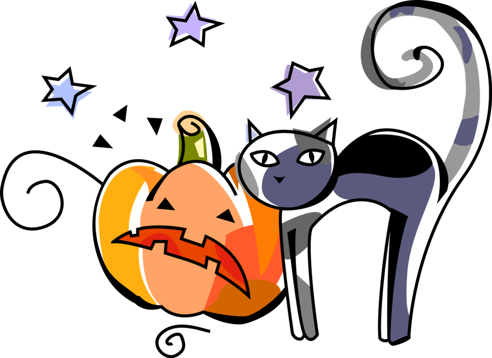 Vector Illustration of Halloween Black Cat Associated with Witchcraft, Ill Omens, and Death and Pumpkin