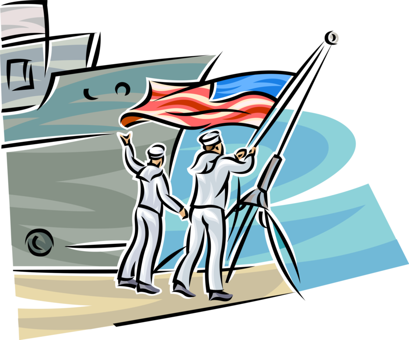 Vector Illustration of United States Navy Sailors Raise American Flag on Naval Warship Vessel