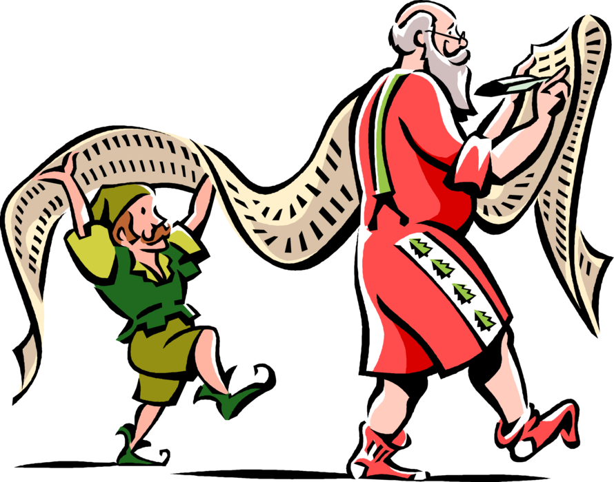 Vector Illustration of Santa Claus and Workshop Elf Carry Christmas Wishes List