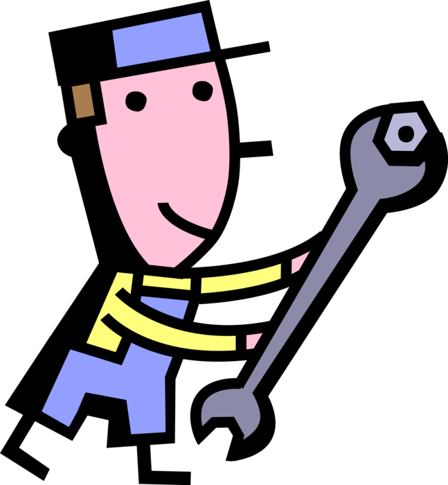 Vector Illustration of Construction Worker Tightens Bolt with Wrench Tool