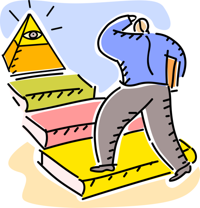 Vector Illustration of Businessman Benefits from Higher Education on Career Path to Pyramid with Eye of Providence All Seeing Eye