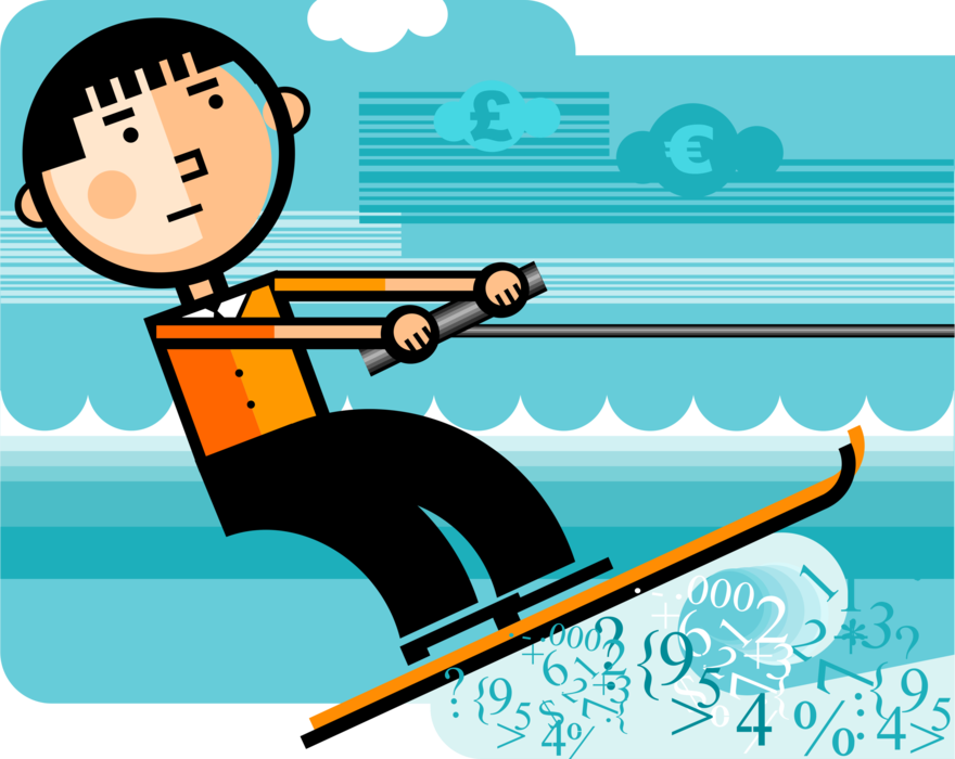 Vector Illustration of Businessman Water Skier Skiing with Towline Rope Through Turbulent International Finance Waters