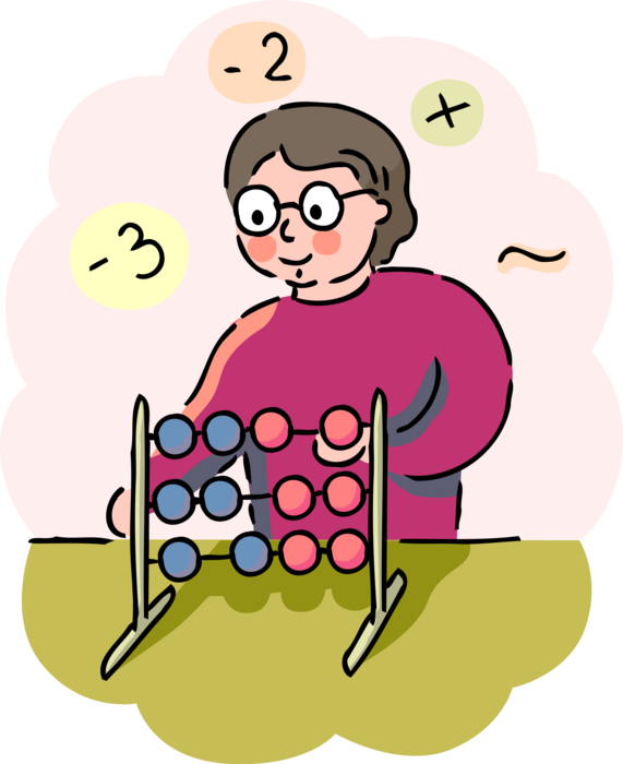 Vector Illustration of Math Student in School Classroom with Abacus Counting Bead Frame Calculating Tool