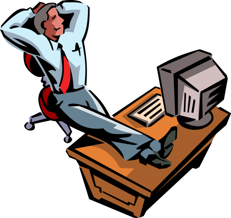 Vector Illustration of Confident Businessman Relaxes at Office Desk with Feet Up on Desk