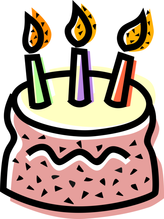 Vector Illustration of Dessert Pastry Birthday Cake with Lit Candles and Flames
