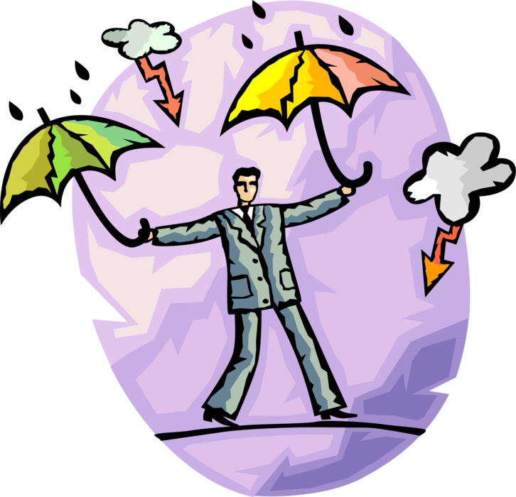 Vector Illustration of Businessman Balances on Highwire Tightrope with Umbrellas Amidst Threatening Lightning Storms