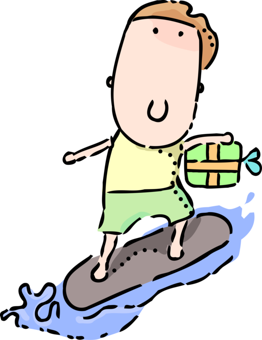 Vector Illustration of Surfing Dude Surfs on Surfboard with Christmas Gift Wrapped Present