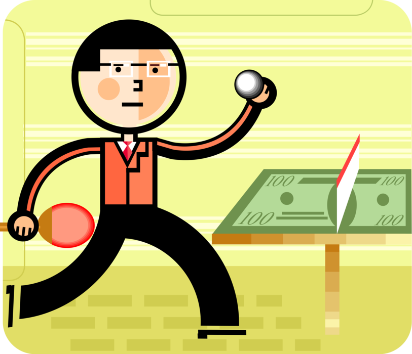Vector Illustration of Businessman Plays Financial Game of Ping Pong Table Tennis with Racket and Ball