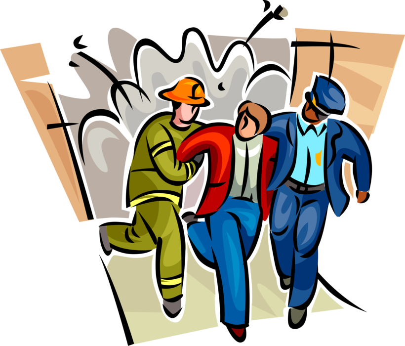 Vector Illustration of Emergency Rescue and Relief Service Fireman and Police Officer Assist Victim from Disaster