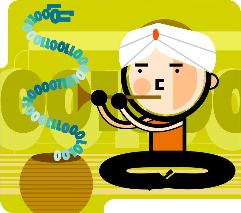 Vector Illustration of Snake Charmer Plays Bansuri with Digital Binary Code Cobra Snake