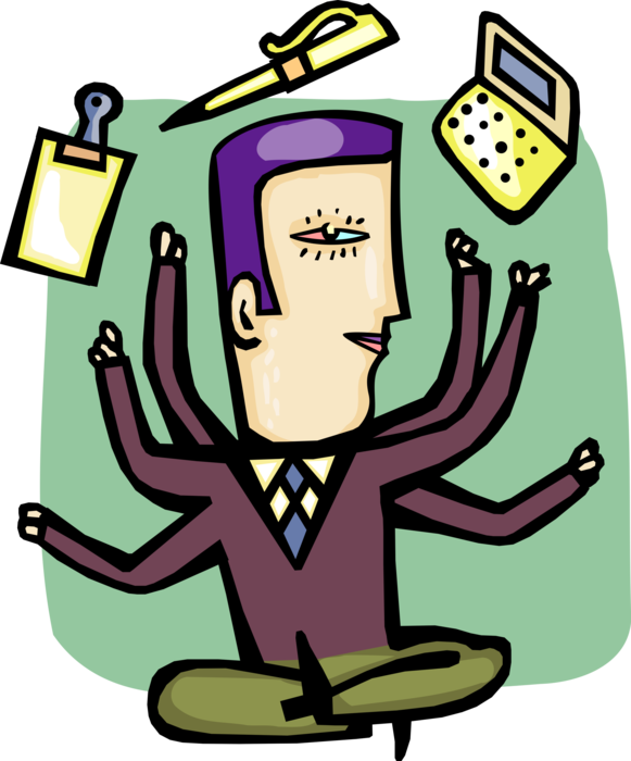 Vector Illustration of Multitasking Businessman Handles Multiple Tasks in Office Business Operations