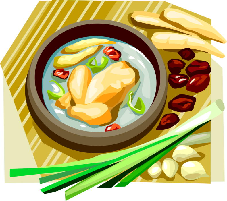 Vector Illustration of Korean Cuisine Ginseng Chicken in Broth