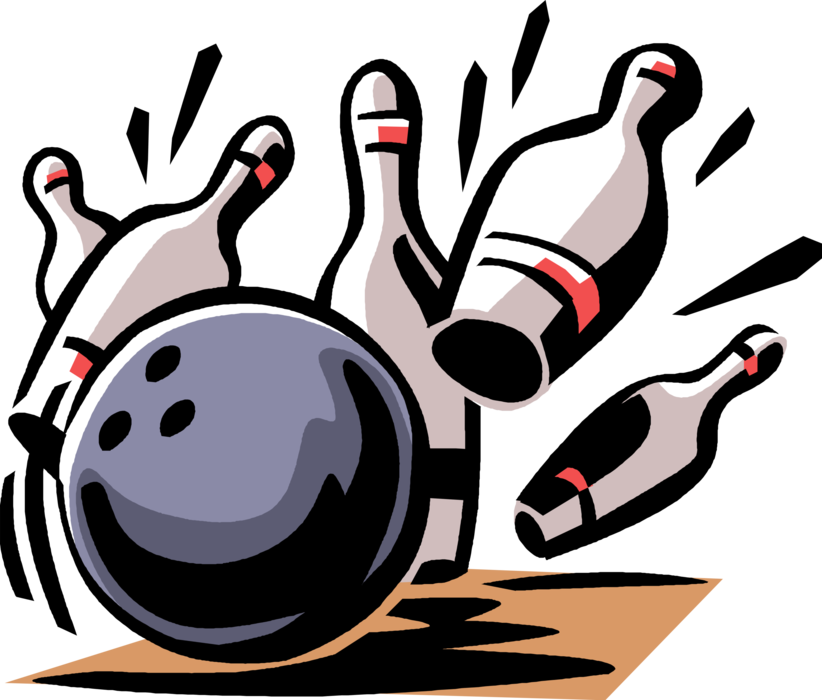 Vector Illustration of Sports Equipment Bowling Ball Knocks Down Pins at Bowling Alley