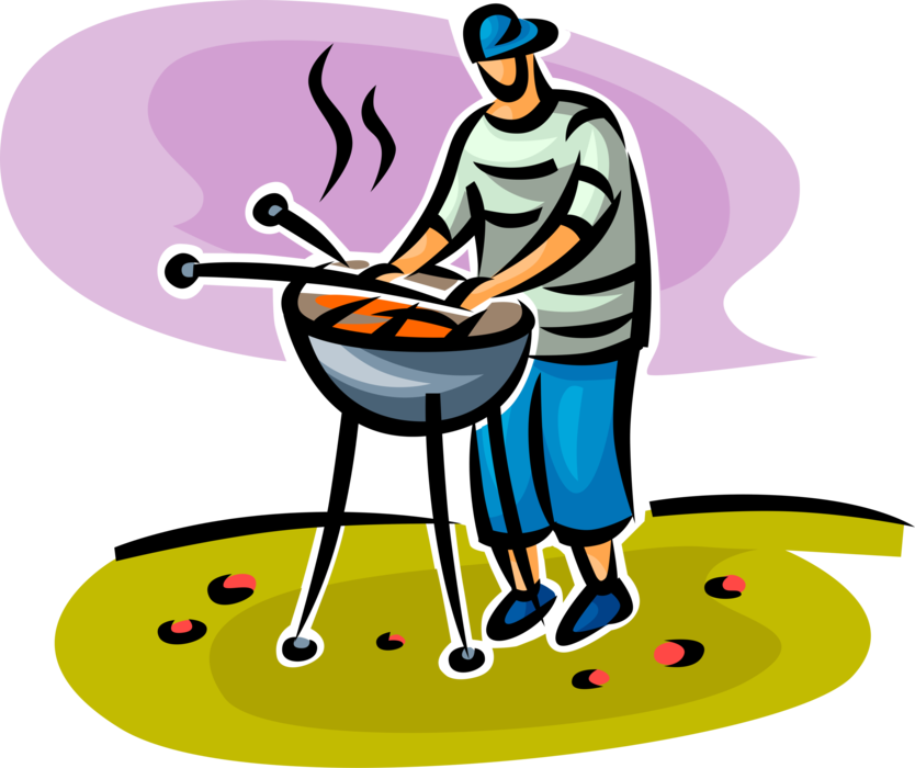 Vector Illustration of Outdoor Chef Cooking on Barbecue, Barbeque or BBQ Outdoor Cooking Grill 