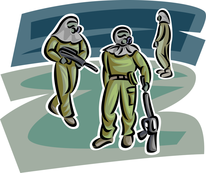 Vector Illustration of Heavily Armed United States Military Soldiers in Chemical Gas Attack Protective Suits and Gas Masks