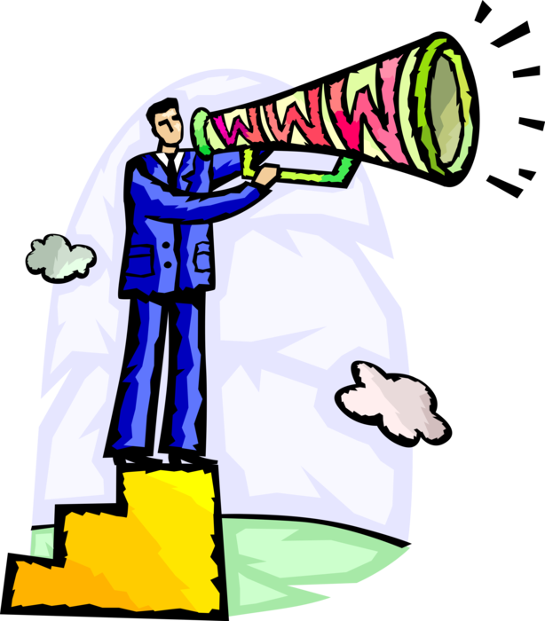 Vector Illustration of Businessman Broadcasts Marketing Message via Online Internet with Bullhorn Megaphone