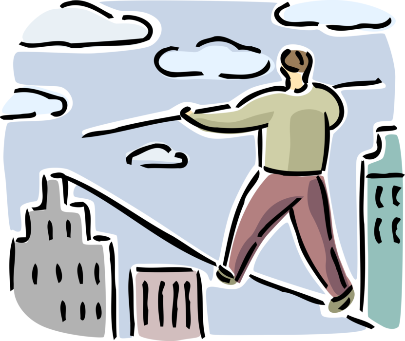 Vector Illustration of Taking Risks Balancing on Highwire Tightrope Over City Skyline