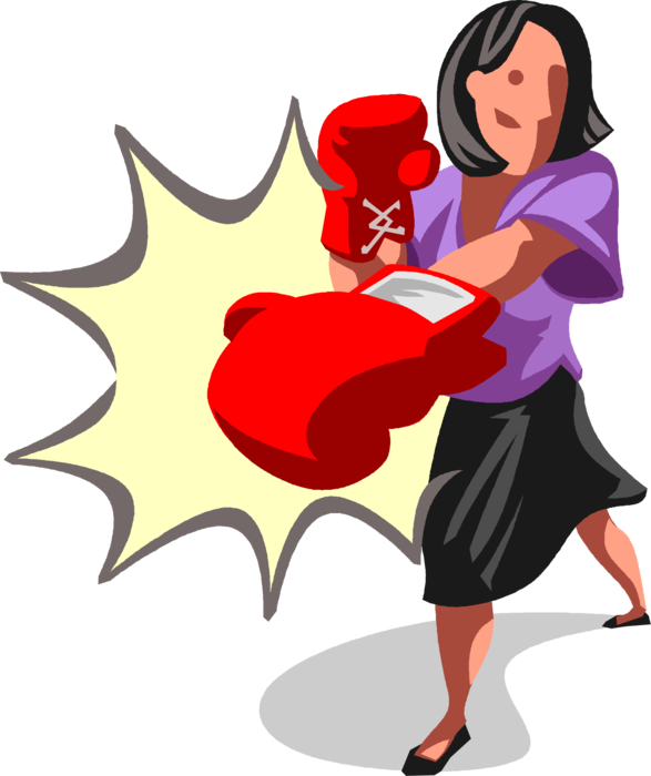 Vector Illustration of Businesswoman Pugilist Boxer Throws Knockout Punch with Boxing Gloves