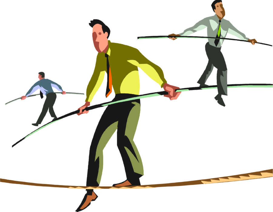 Vector Illustration of Businessmen Take Risks Walking on Tightrope Highwire with Balance Poles