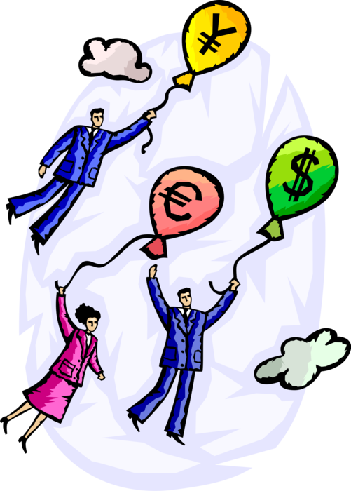 Vector Illustration of Business Financial Analysts Flying with International Foreign Currency Balloons