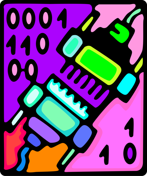 Vector Illustration of Computer Peripheral Cable Connectors Transmit Binary Code Data