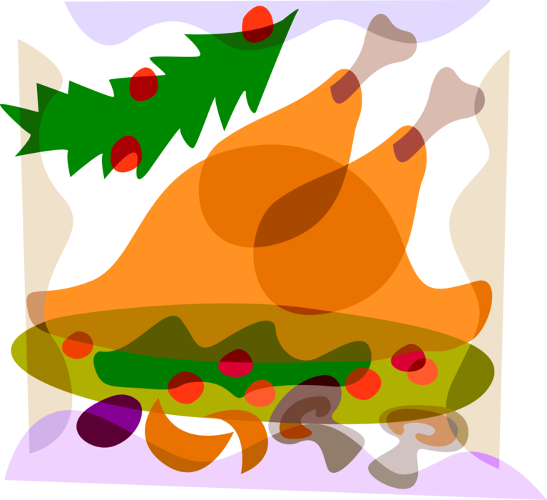 Vector Illustration of Traditional Christmas Poultry Roast Turkey Dinner with Trimmings, Holly