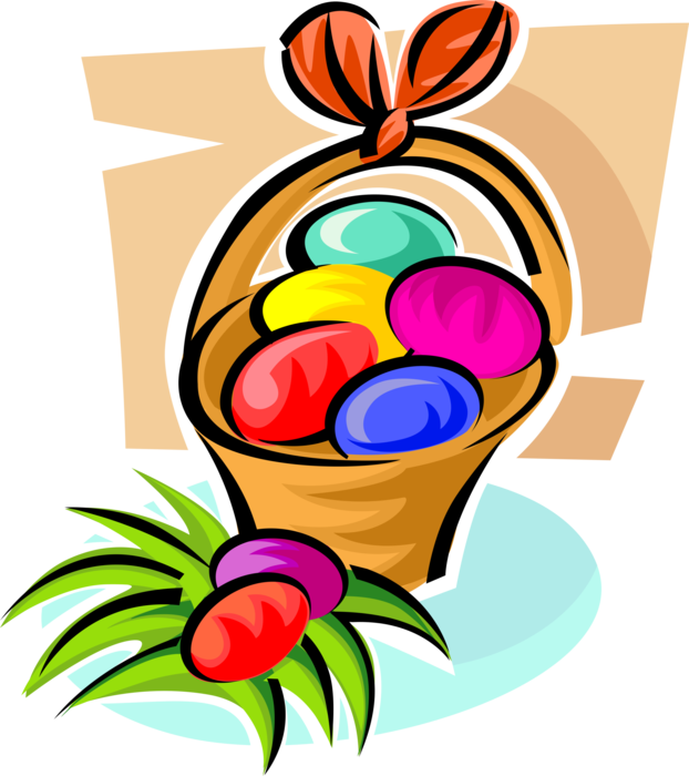 Vector Illustration of Colored Easter Eggs in Wicker Easter Basket
