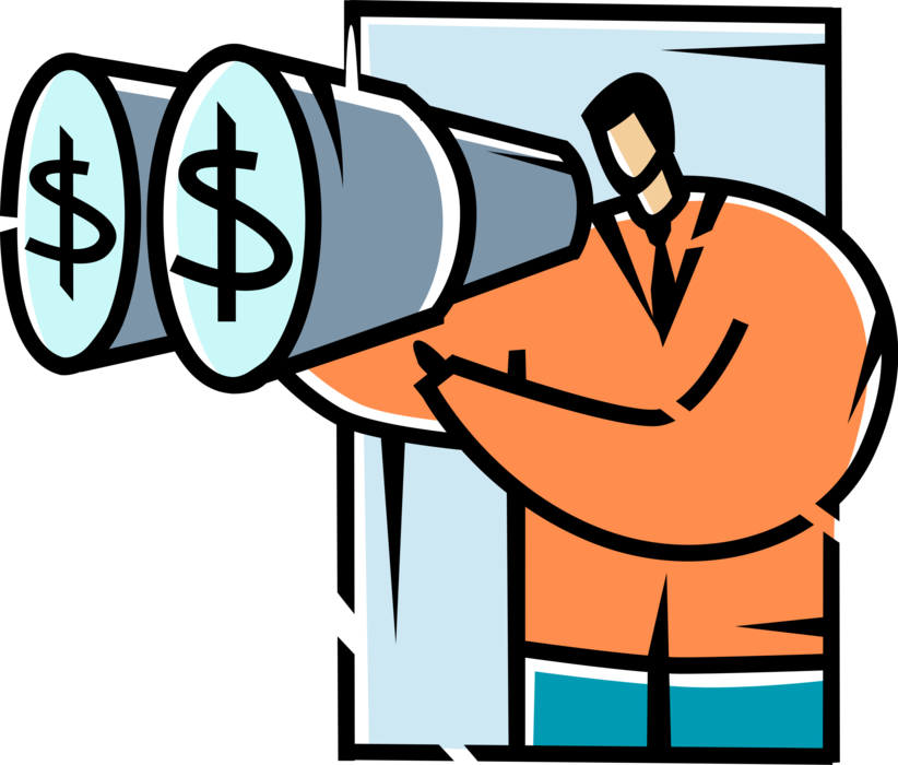 Vector Illustration of Businessman Forecasts Corporate Financial Economic Growth Cash Money Dollars with Binoculars