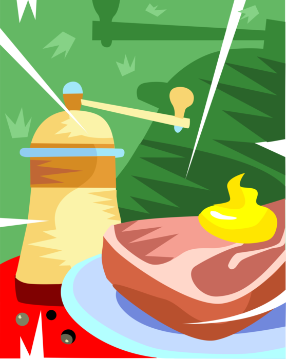 Vector Illustration of Pork Ham Steak Dinner on Plate with Mustard and Peppermill Grinder