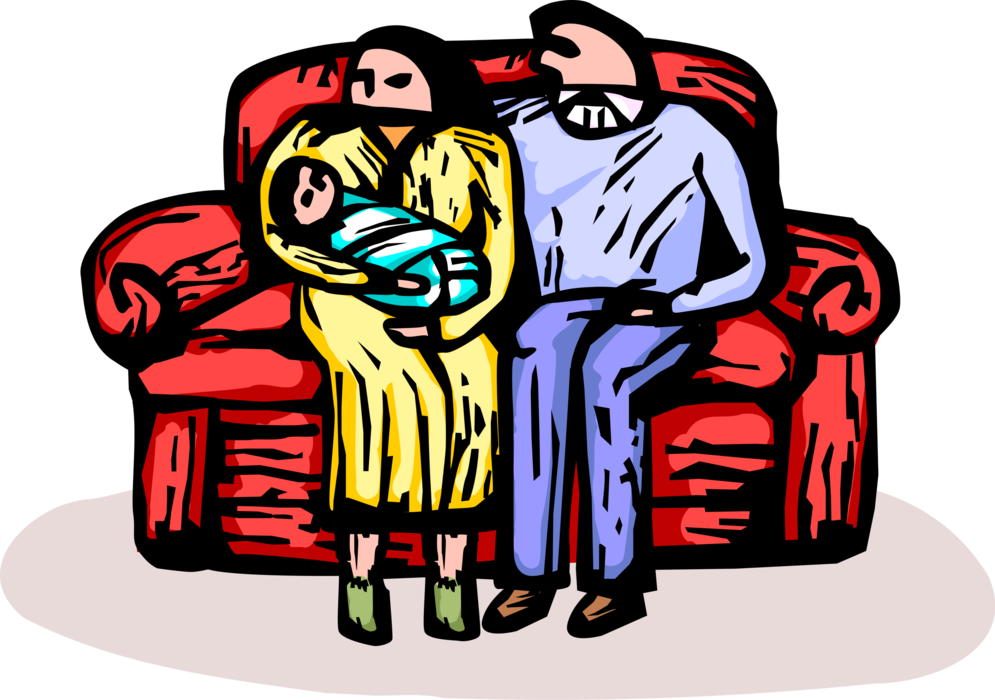 Vector Illustration of New Parents Sit on Family Couch with Newborn Infant Baby