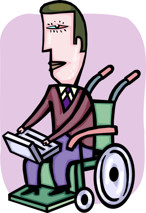 Vector Illustration of Businessman with Disabilities Works with Computer in Handicapped or Disabled Wheelchair