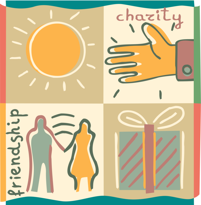 Vector Illustration of Charity as the Perfection of Natural Friendship with Sunshine Sun, Gift Wrapped Present
