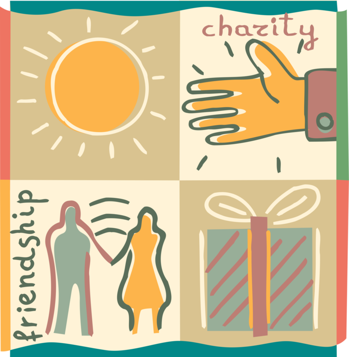 Vector Illustration of Charity as the Perfection of Natural Friendship with Sunshine Sun, Gift Wrapped Present