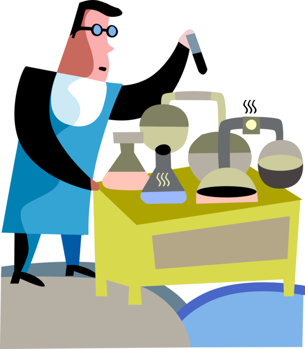 Vector Illustration of Research Scientist Works in Science Laboratory with Glassware Beakers and Flasks