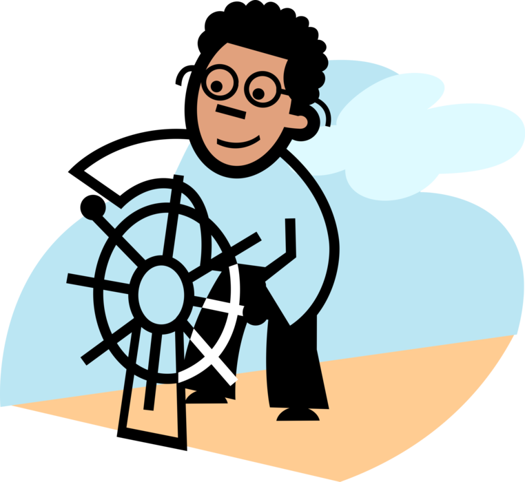 Vector Illustration of Mariner Sailor at Ship's Helm Wheel or Boat's Wheel Steers Ship and Changes Vessel's Course