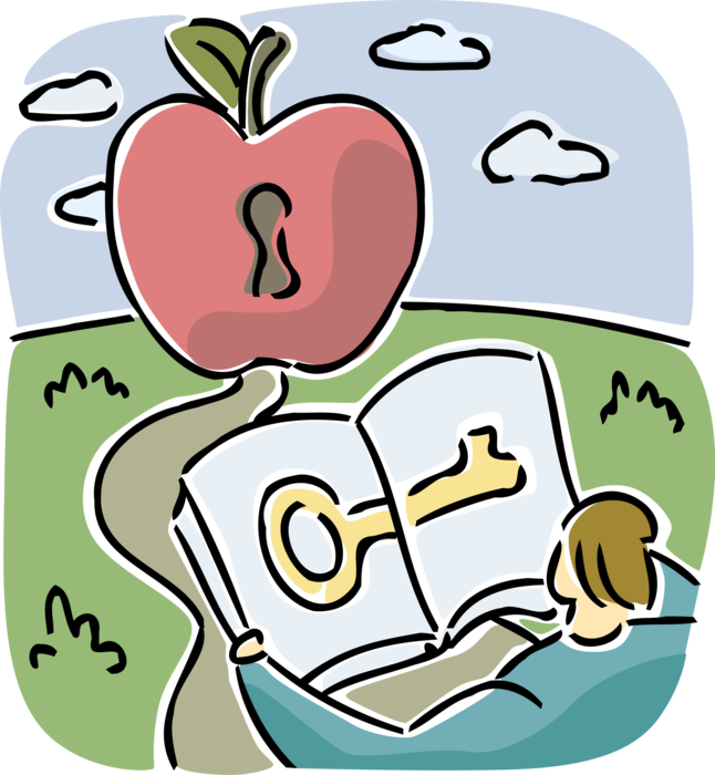 Vector Illustration of Student with Educational Key to Unlock Apple Symbol of Knowledge and Learning