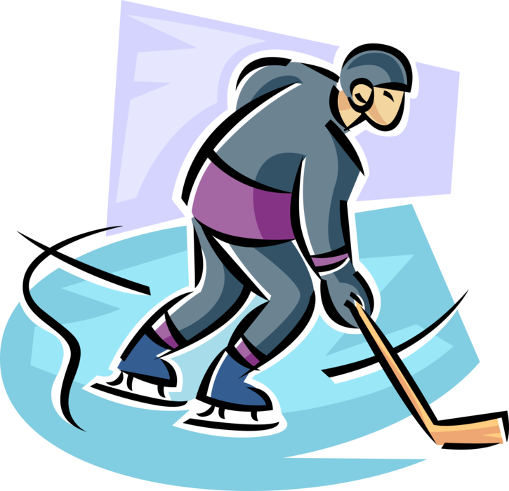 Vector Illustration of Hockey Player Skates on Ice Rink with Hockey Stick and Puck