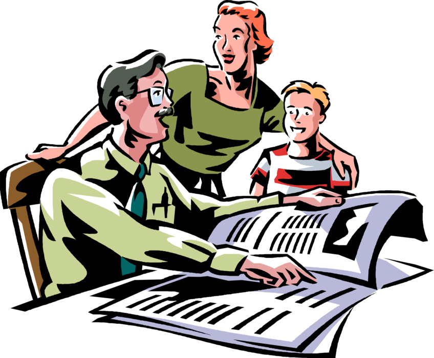 Vector Illustration of Father in Family Reads Newspaper Article with Wife and Son