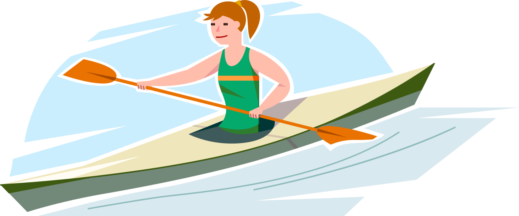Vector Illustration of Young Adolescent Girl Paddles Kayak with Paddle Oar in Water