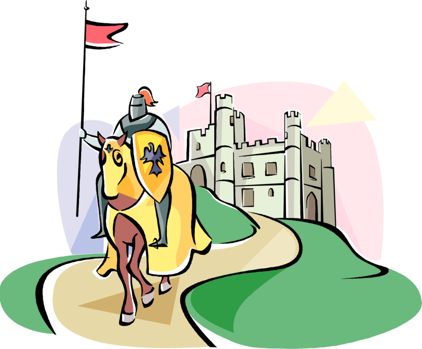 Vector Illustration of English Medieval Chivalrous Knight in Armor on Horseback with Castle Fortification