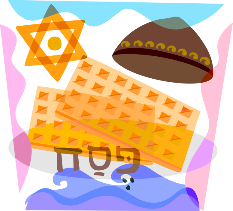 Vector Illustration of Jewish Passover Matzah Unleavened Flatbread, Kippah Kip Yarmulke Cap, Star of David Symbol of Judaism