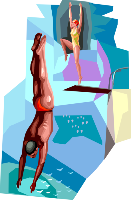 Vector Illustration of Springboard Divers Execute High Dive Diving into Swimming Pool During Competitive Swim Meet