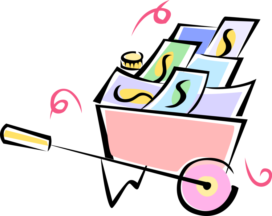 Vector Illustration of Wheelbarrow Windfall Bonanza Full of Cash Money Dollar Bills