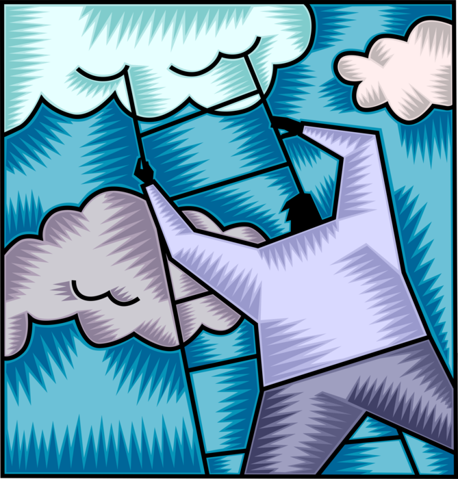 Vector Illustration of Aspiring Ambitious Businessman Climbs Ladder of Success and Ambition into Clouds