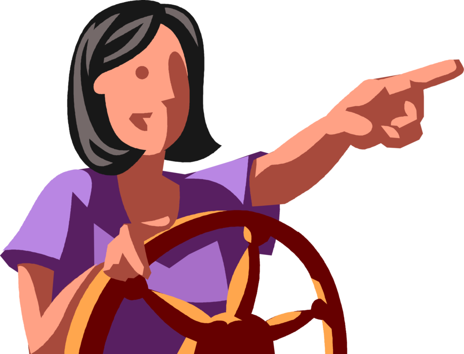 Vector Illustration of Businesswoman Helmsman Maintains Steady Course at Ship's Helm Wheel or Boat's Wheel