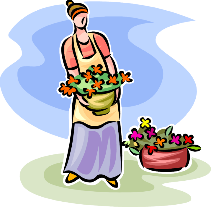 Vector Illustration of Gardener Florist Tends to Flowers in Pots